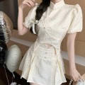 New Chinese style tassel button top + pleated shorts skirt cheongsam suit