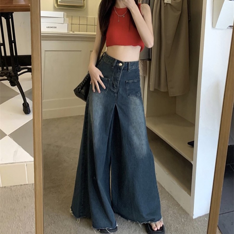 Reisshop-High waisted raw edge loose wide leg trousers