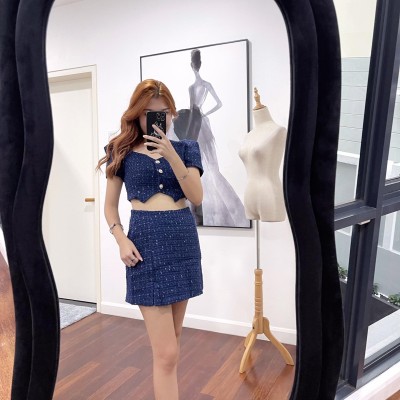 High quality elegant top + high-waisted A-line skirt suit