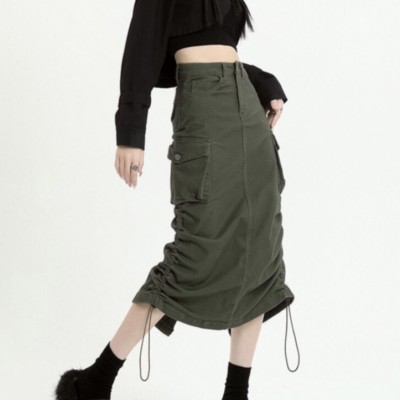 Green drawstring workwear denim skirt