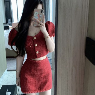 Xiaoxiang style puff sleeve top + high waist skirt suit