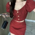 Xiaoxiang style puff sleeve top + high waist skirt suit