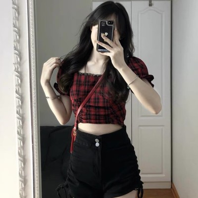 Checked drawstring cropped top