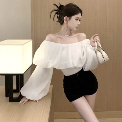 Off shoulder chiffon puff sleeve top