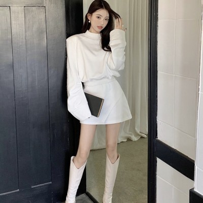Korean style thick half turtleneck sweatshirt + high waist skirt suit