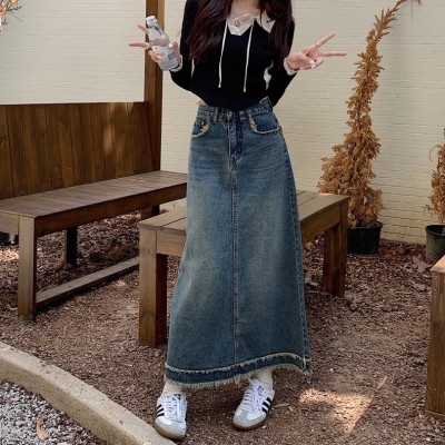 High waisted fringe A-line denim skirt