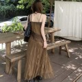 Fringed patchwork lace suspender long skirt