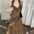 Fringed patchwork lace suspender long skirt