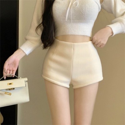 Creamy white high-waist woolen A-line shorts