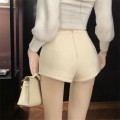 Creamy white high-waist woolen A-line shorts