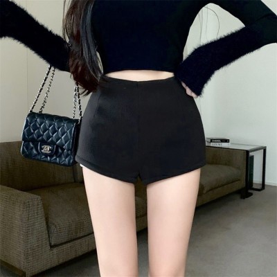 Black high-waist woolen A-line shorts