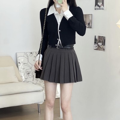 Grey high waist pleated A-line skirt