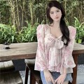 Bow floral puff sleeve chiffon top