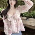 Bow floral puff sleeve chiffon top