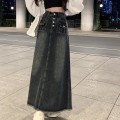 High waist buttoned A-line denim skirt