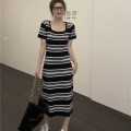 Striped square neck knitted long skirt