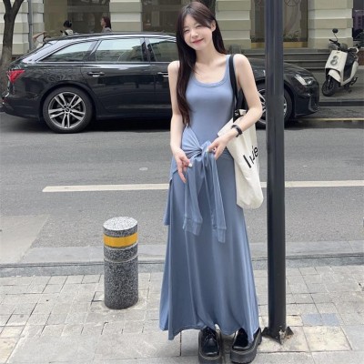 Fake two-piece waist-tied long skirt