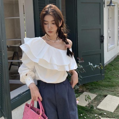 Double-layer ruffled off-shoulder top