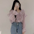 Ruffled irregular chiffon shirt