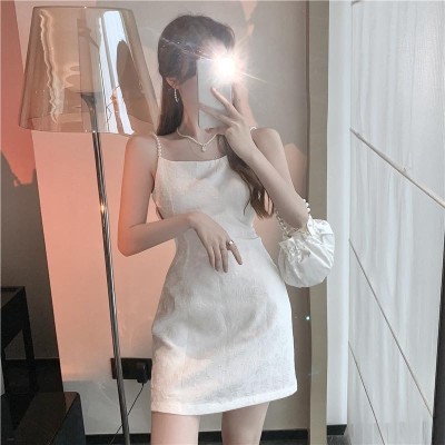 Pearl strap backless waist dress