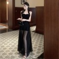 High-quality mesh slim-fit long dress