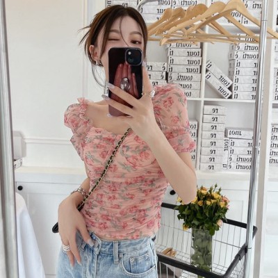 Mesh floral slim fit top