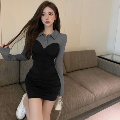 Polo collar fake two-piece slim dress