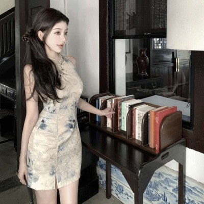 Chinese style painting satin cheongsam