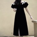 Off-shoulder bow velvet long skirt