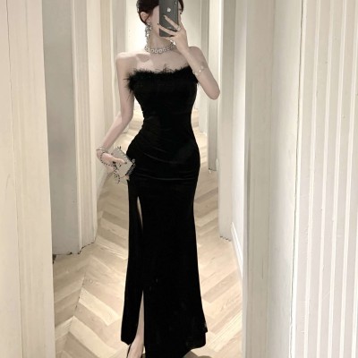 Velvet fur dress with slits