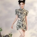 Bubble sleeve cheongsam top + high waist skirt set