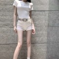 White low waist rhinestone belt shorts