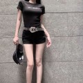 Black low waist rhinestone belt shorts