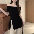 一字肩开衩针织上衣