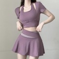 Purple slim fit fake two-piece top + high waist short skirt yoga set