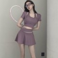 Purple slim fit fake two-piece top + high waist short skirt yoga set