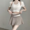 Apricot slim fit fake two-piece top + high waist short skirt yoga set