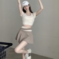 Apricot slim fit fake two-piece top + high waist short skirt yoga set