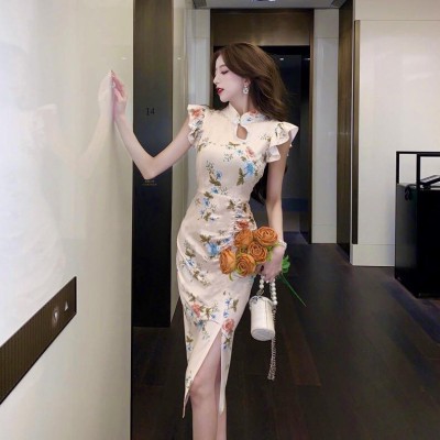 花色收腰小飞袖改良版旗袍