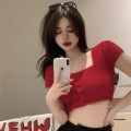 Fluffy square collar short knit top