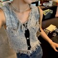 小香风流苏V领无袖上衣