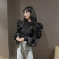时尚针织拼接泡泡袖上衣