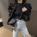 时尚针织拼接泡泡袖上衣