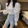 时尚针织拼接泡泡袖上衣