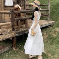 Square neck drawstring chiffon dress