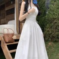 Square neck drawstring chiffon dress