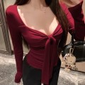 V领蝴蝶结长袖上衣