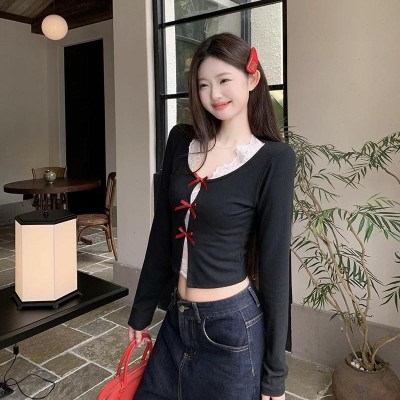 蝴蝶结针织衫+蕾丝背心两件套上衣