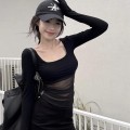 法式方领拼接网纱上衣