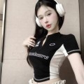 Letter contrast color zipper short top